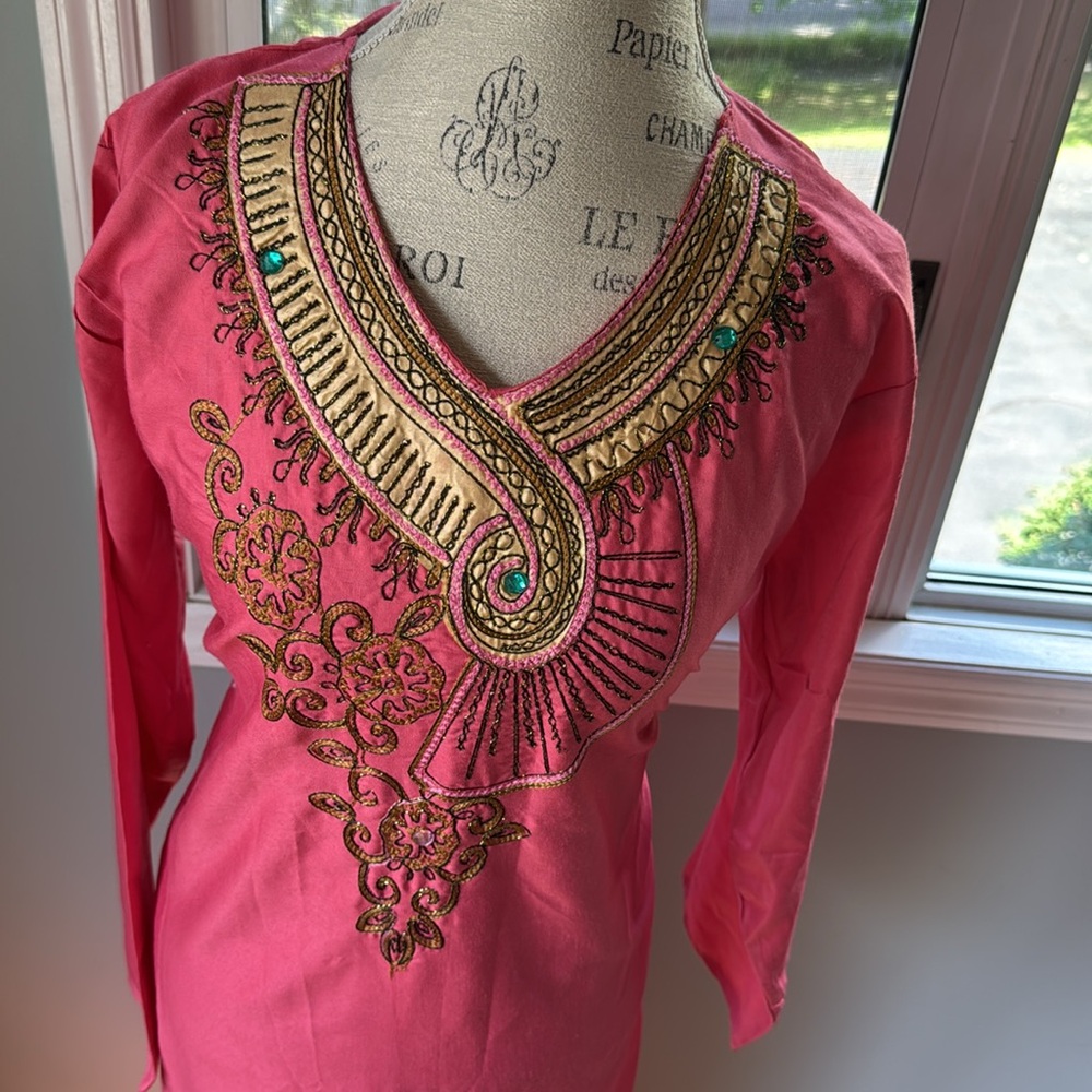 Moroccan pink embroidered appliqué long sleeved‎ long maxi kaftan kimono M/L